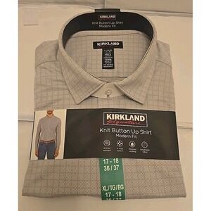 Kirkland Men's Modern Fit Knit Button Up Dress Shirt, Gray, XL (17-18,36/37)